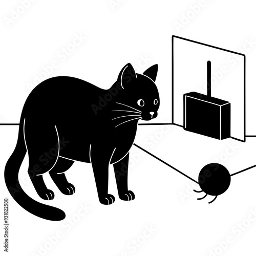 A Cat stalking a toy mouse in a modern living room illustration