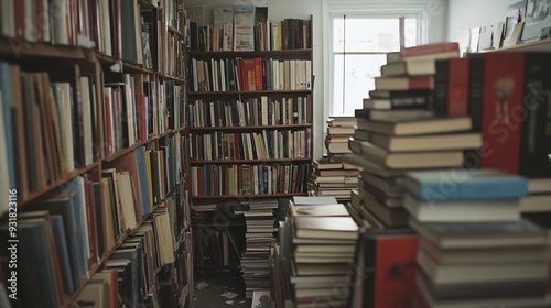 Charming bookstore interior filled with endless shelves of knowledge for bibliophiles and literary enthusiasts seeking the allure of traditional book browsing photo