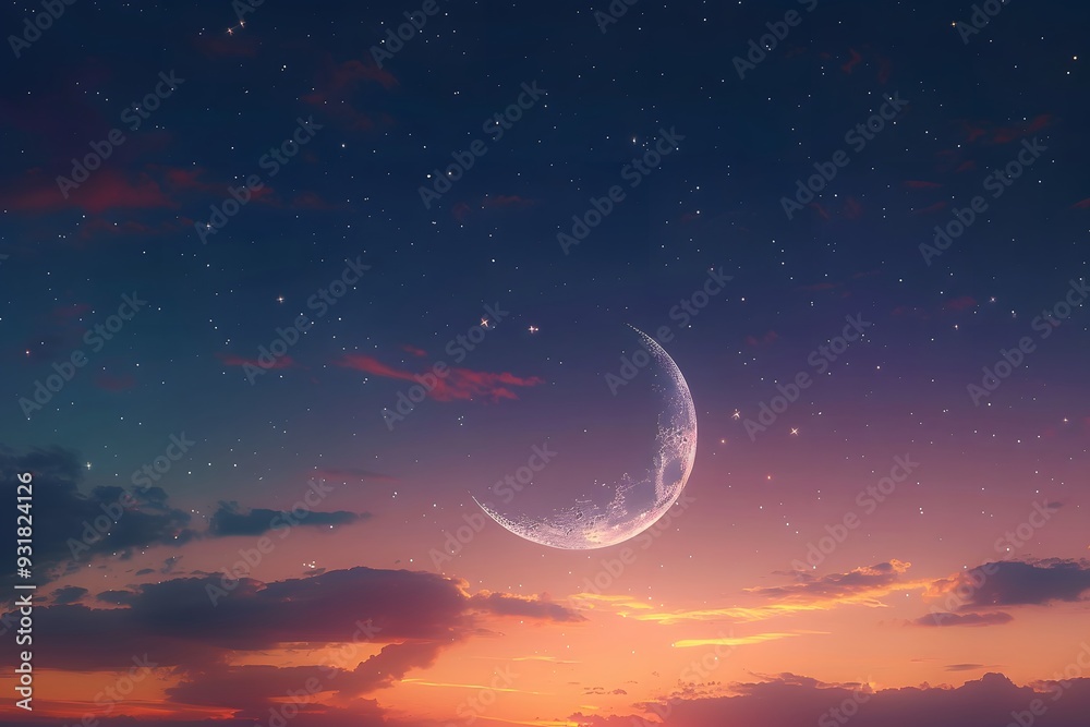 Serene Twilight Sky with a Crescent Moon and Stars Serene Twilight Sky with a Crescent Moon and Stars