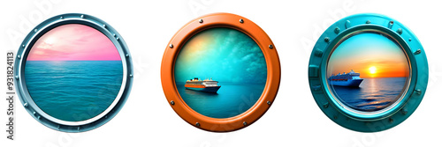 Three metal portholes with screws with views of the sea, ocean, isolated on a transparent background, 3d illustration. Png. photo