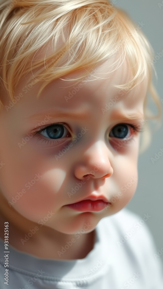 Close-up Portrait of a Blonde Toddler with Serious Expression Close-up Portrait of a Blonde Toddler with Serious Expression