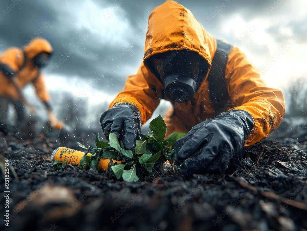 Volunteers in hazmat suits clean up a polluted natural reserve, removing trash and recyclables to protect the environment Their efforts highlight the importance of environmental action and Volunteers in hazmat suits clean up a polluted natural reserve, removing trash and recyclables to protect the environment Their efforts highlight the importance of environmental action and