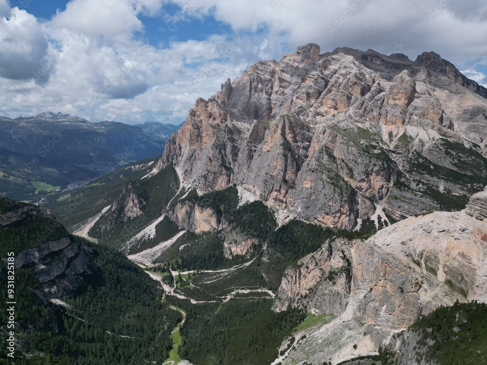 Lagazuoi Mountain Aerial view of the Dolomites mountain landscape in Trentino, South Tyrol in Northern Italy.