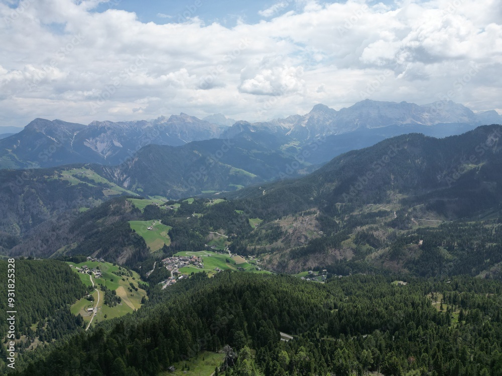Fototapeta premium Sass de Putia Aerial view of the Dolomites mountain landscape in Trentino, South Tyrol in Northern Italy.
