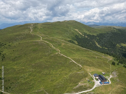 Sass de Putia Aerial view of the Dolomites mountain landscape in Trentino, South Tyrol in Northern Italy. photo