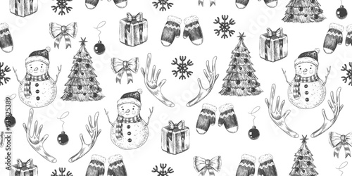 Christmas seamless pattern. Background with snowman, Christmas tree, bow, Christmas ball, deer antlers, snowflakes, gift box and mittens. Sketch style Christmas design elements