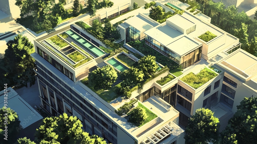 Illustration of a sophisticated modern hotel with green rooftops and state-of-the-art energy solutions; high detail and professional quality with emphasis on light and shadows Illustration of a sophisticated modern hotel with green rooftops and state-of-the-art energy solutions; high detail and professional quality with emphasis on light and shadows