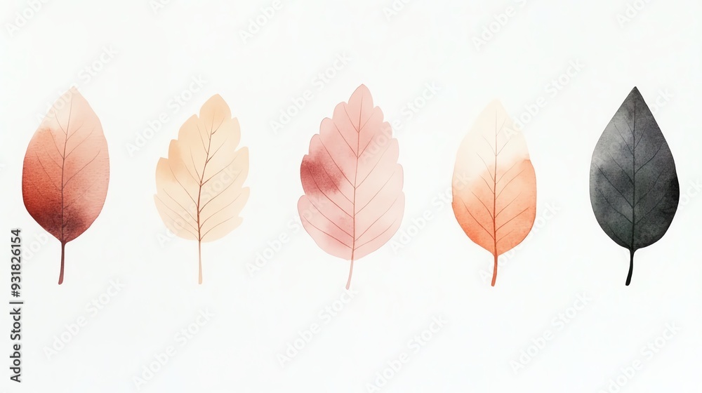 Obraz premium A collection of delicate watercolor leaves in various soft shades, perfect for nature-inspired designs and aesthetic backgrounds.