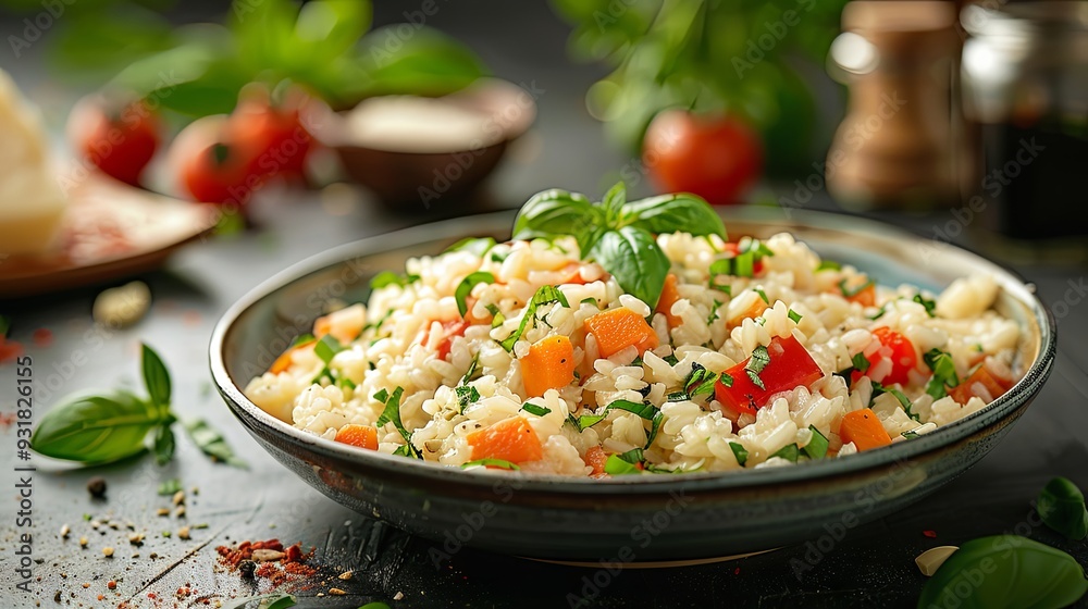 Appetizing risotto with vegetables, Italian food