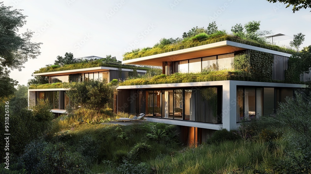 Architectural visualization of a contemporary green hotel with living rooftops, high-tech insulation, and energy-efficient features; detailed, clear focus with balanced lighting Architectural visualization of a contemporary green hotel with living rooftops, high-tech insulation, and energy-efficient features; detailed, clear focus with balanced lighting