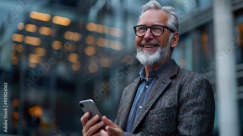 Happy mature business man executive using mobile cell phone corporate tech outdoors Smiling handsome middle aged professional businessman holding cellphone looking away standing outsid : Generative AI photo