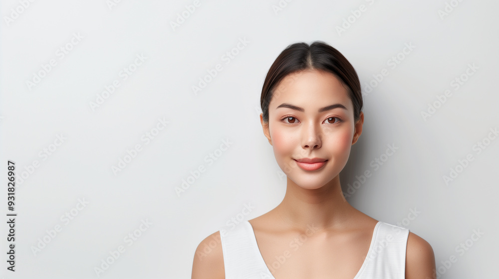 A beautiful young Japanese woman with clear, glowing skin, softly smiling while posing in a white top against a clean background.