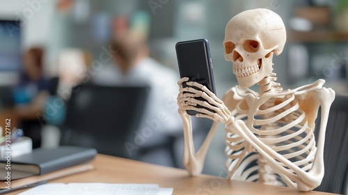 A humorous skeleton sitting at a desk, using a smartphone, capturing the blend of life and technology in a playful manner.