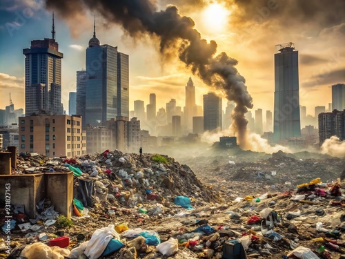 Environmental Overload: Polluted cityscape, towering trash heaps, suffocating smog, grim, oppressive photo