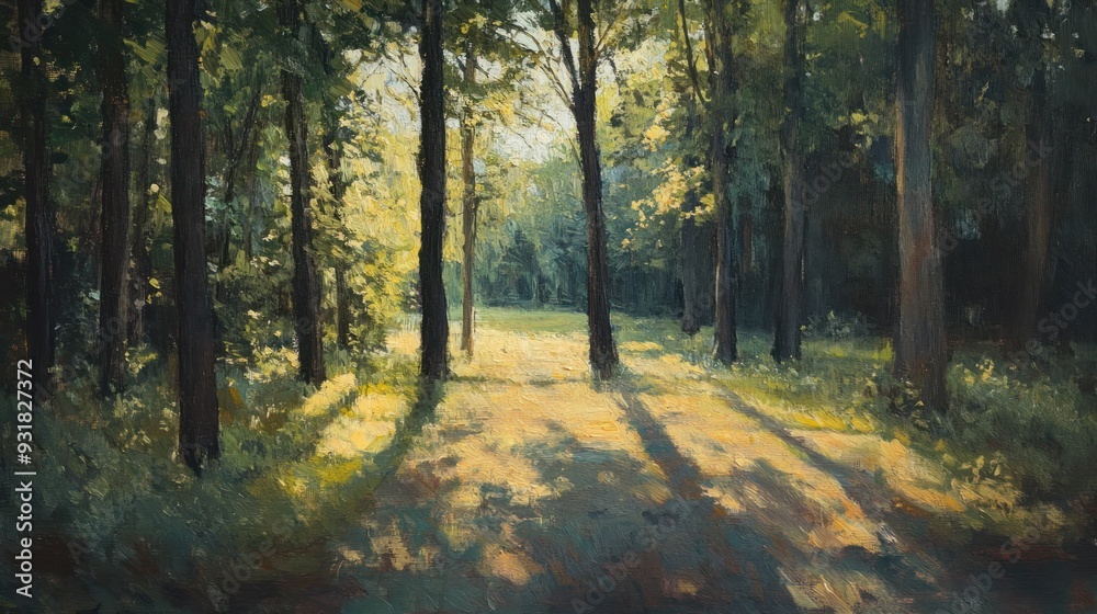 Fototapeta premium Sunlight Filtering Through Tall Trees in a Forest