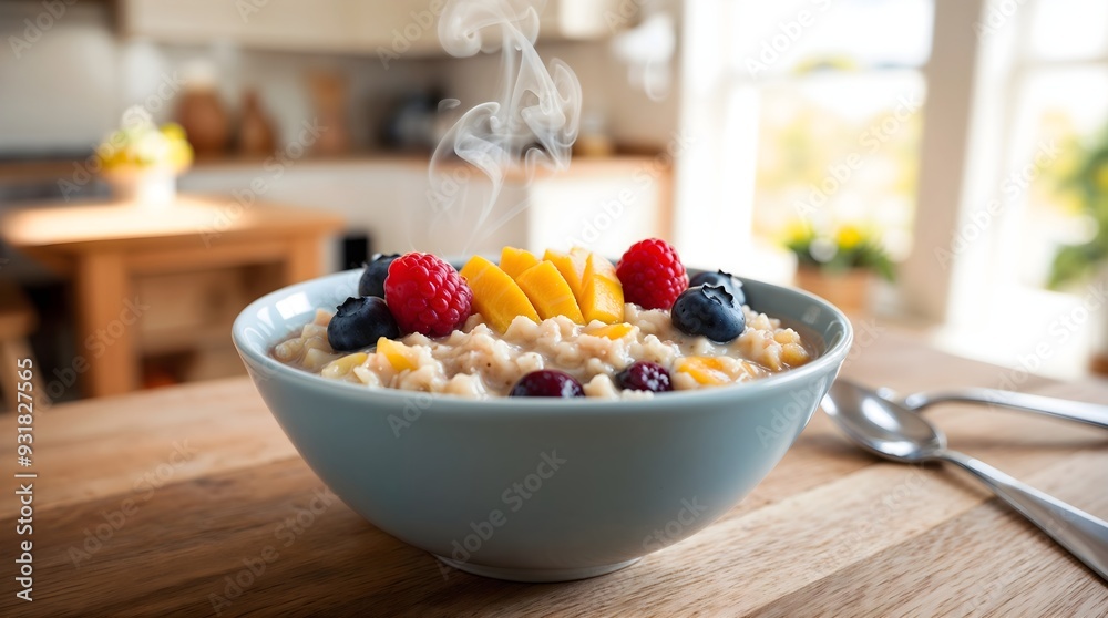 Steaming Oatmeal with a handful of fresh strawberries, raspberries and mango