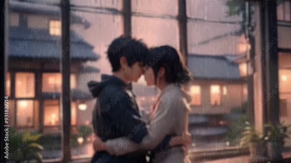 Couple in love, outdoor scene in a rainy day with moonlight Couple in love, outdoor scene in a rainy day with moonlight
