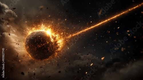 A meteorite falls from space and destroys the world. A large ball of fire caused damage to the city. photo