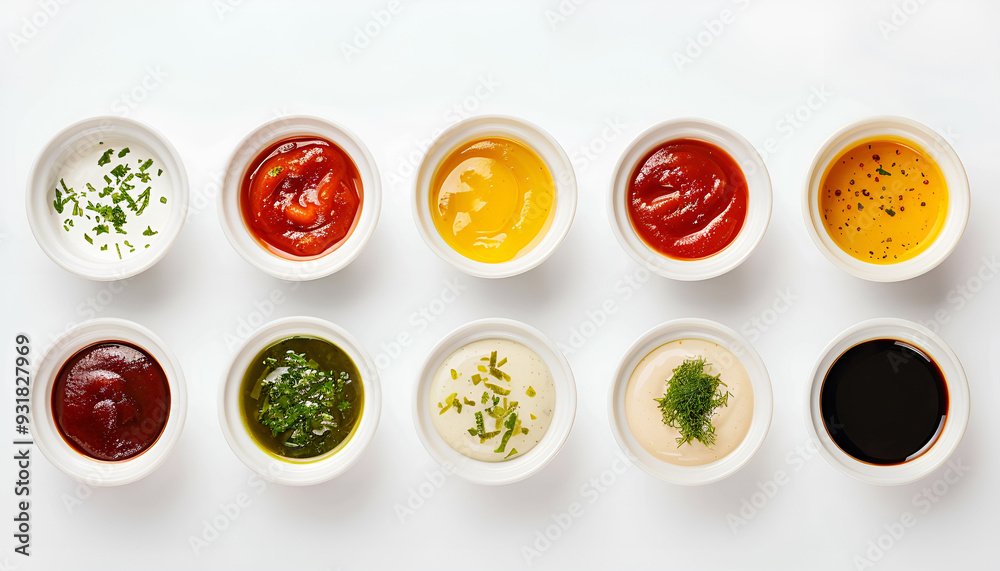 Set of different sauces isolated on white background, top view Set of different sauces isolated on white background, top view