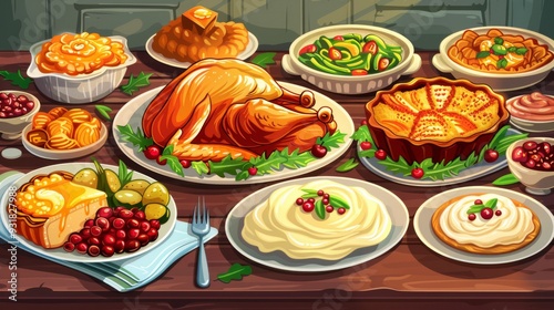 Wallpaper Mural Table filled with Thanksgiving dinner dishes, including turkey, mashed potatoes, and pies cartoon Vector Illustration Torontodigital.ca