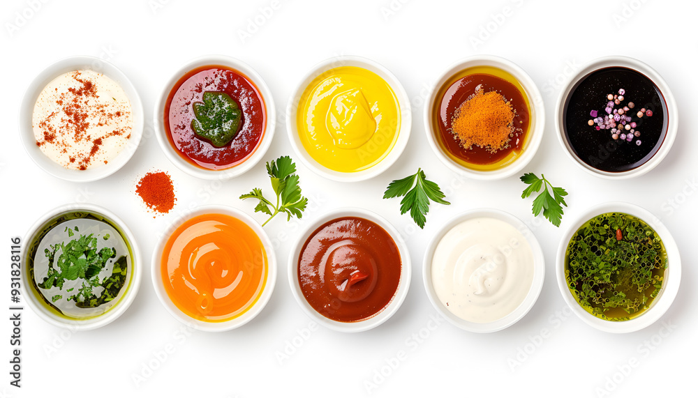 Set of different sauces isolated on white background, top view Set of different sauces isolated on white background, top view
