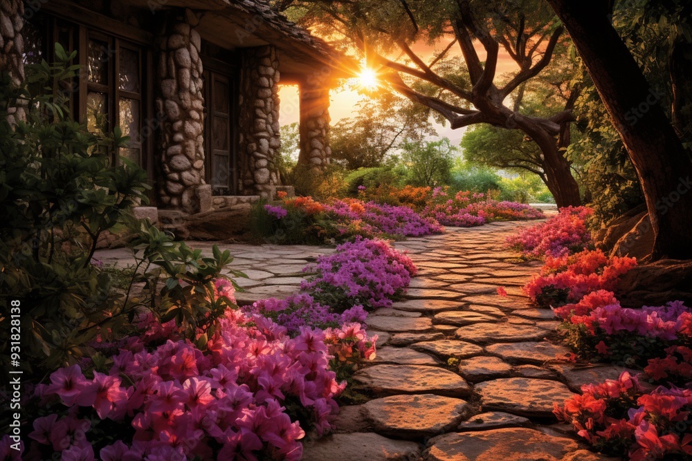 Beautiful sunset bathes serene flowers garden path lined image Beautiful sunset bathes serene flowers garden path lined image
