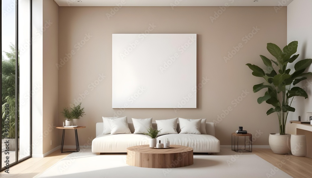 Fototapeta premium A minimalist living room with a large white canvas on the wall, a beige sofa, and a round wooden coffee table in the center.