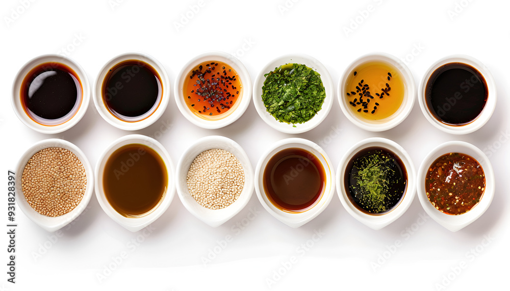 Set of different sauces isolated on white background, top view Set of different sauces isolated on white background, top view