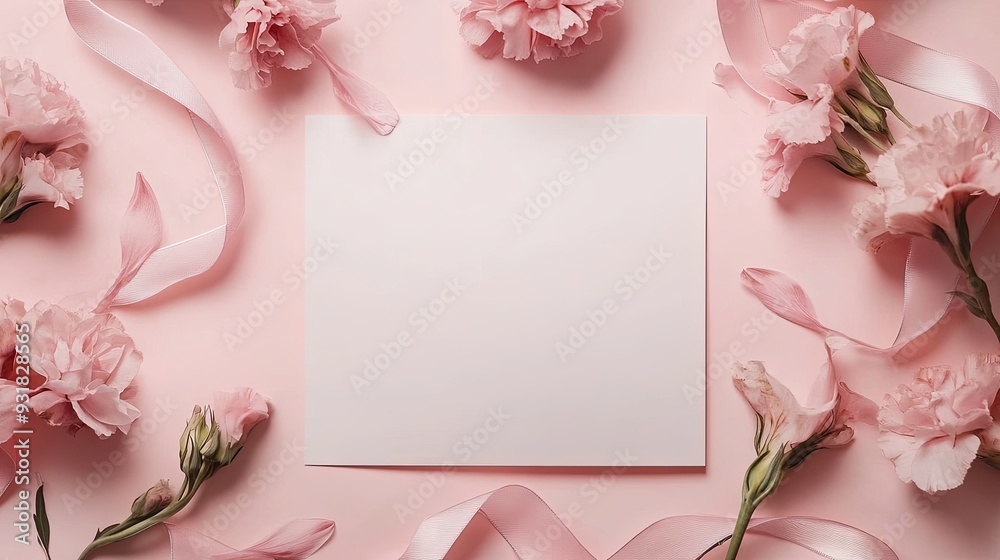 Empty wedding card with flowers, satin ribbon and pink background Empty wedding card with flowers, satin ribbon and pink background