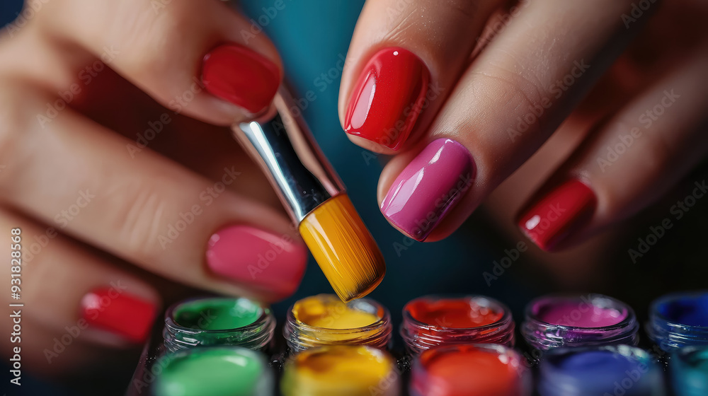 Obraz premium close-up of beautiful painted female nails, manicure, woman's hands, girl, beauty salon, varnish, coating, fingers, self-care, polishing, spa, feminine, brush, manicurist, design, art, glamour