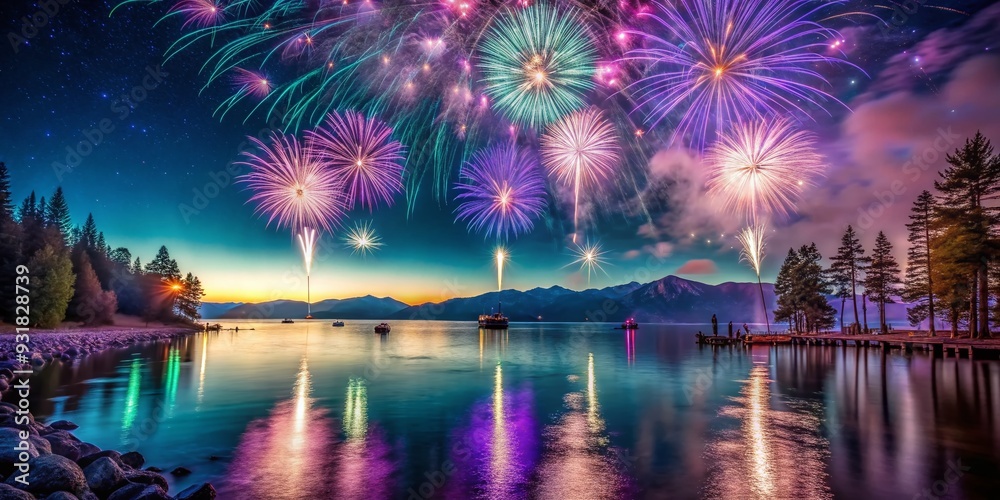 Obraz premium Ethereal Tahoe Embers: Dreamy, Fireworks, Purple, Teal, Shimmering