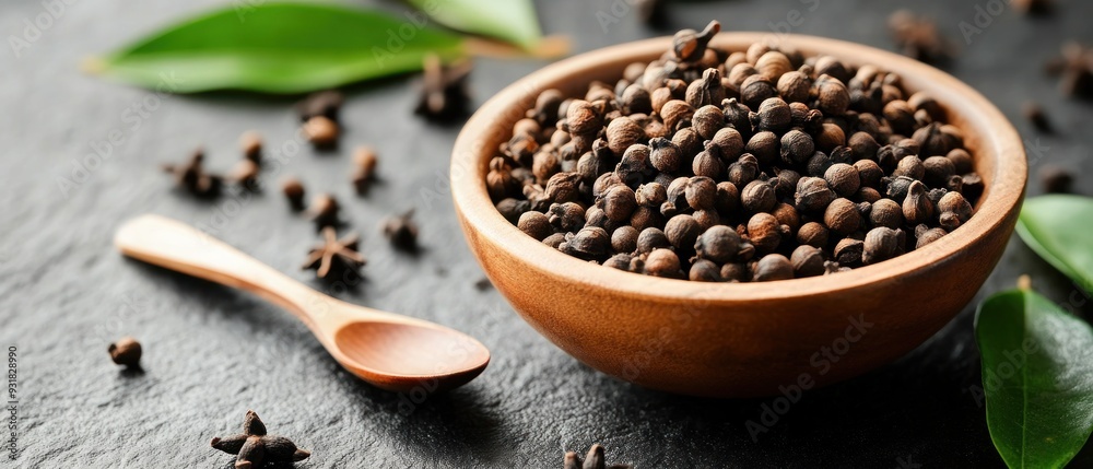 Black Peppercorns in a Wooden Bowl with Green Leaves Black Peppercorns in a Wooden Bowl with Green Leaves