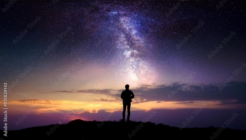 A silhouette of a person standing against a vibrant night sky filled with stars and the Milky Way, evoking a sense of wonder. A silhouette of a person standing against a vibrant night sky filled with stars and the Milky Way, evoking a sense of wonder.