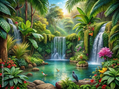 Exotic Jungle Oasis: Lush greens, tropical flowers, exotic wildlife, serene waterfalls, nature's embrace