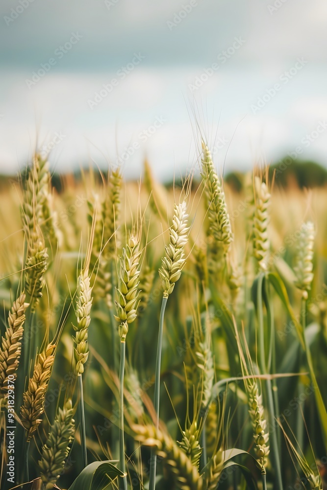 Close up of a green wheat field with a blurred background and a white sky, Close up of a green wheat field with a blurred background and a white sky,