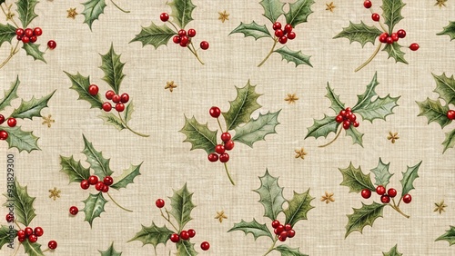 Faded Embroidery with Scattered Holly: Delicate faded embroidery on a neutral background, featuring scattered holly motifs, creating a subtle and ethereal effect.