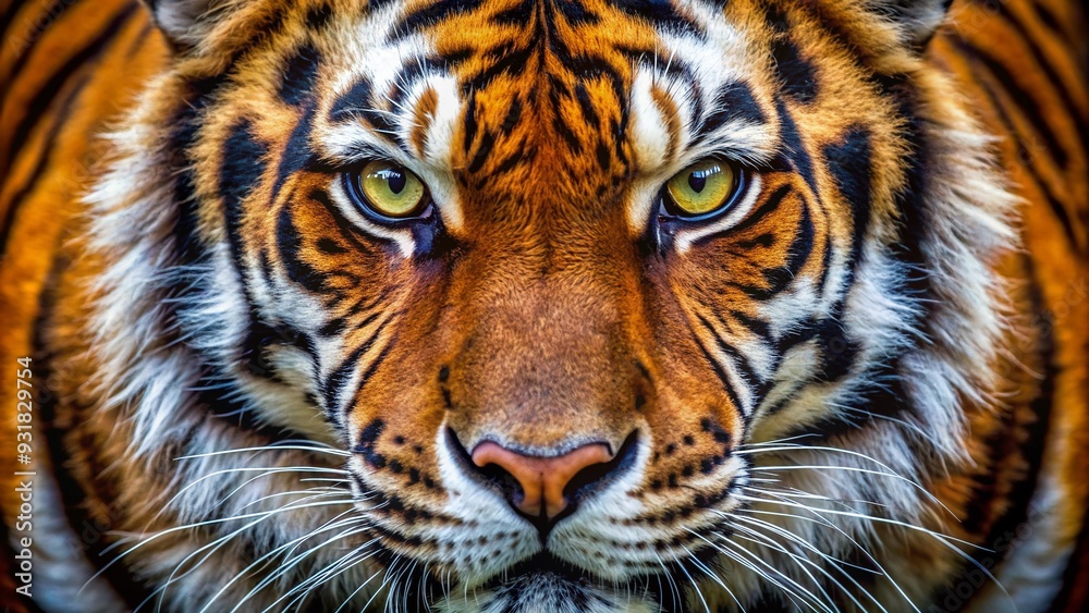 Fierce Feline Portrait: Close-up of a tiger's face, emphasizing its intense eyes and powerful fur
