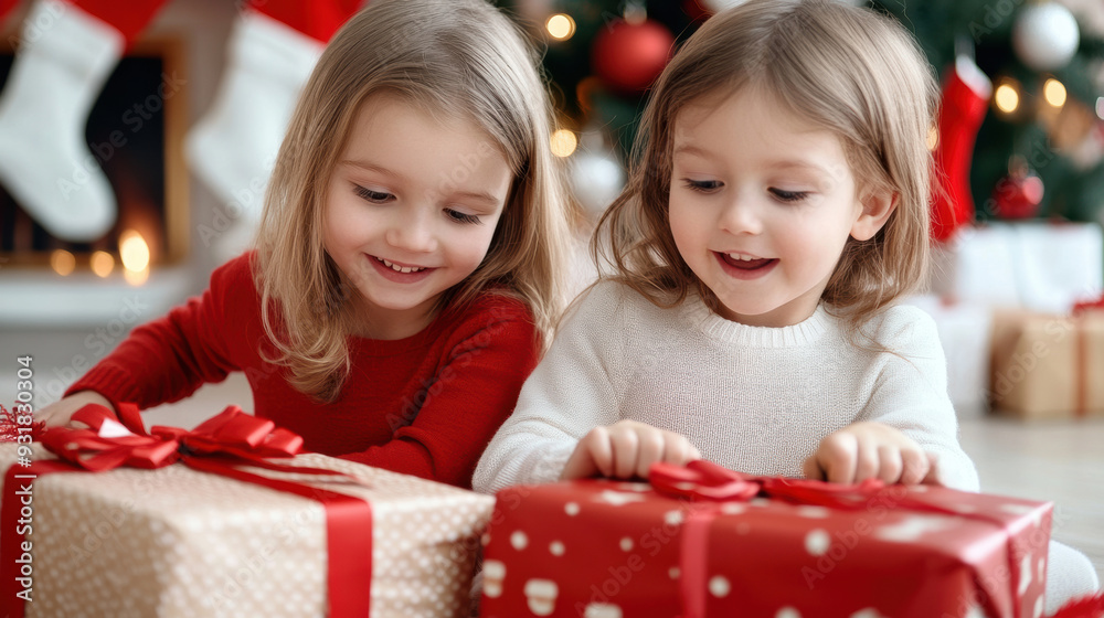 Two little girls are opening presents under a christmas tree, AI Two little girls are opening presents under a christmas tree, AI