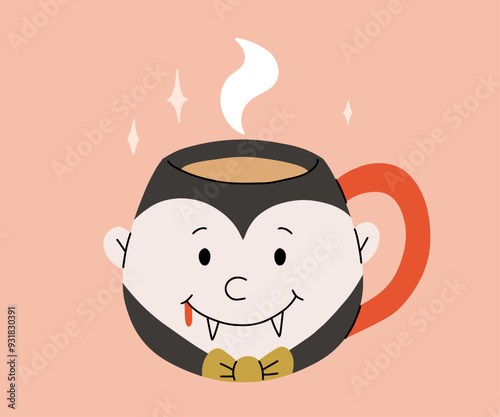 Vector collection of cute Halloween mugs. Hot cocoa, coffee and tea cups with cute faces, black crow, scarecrow, vampire with blood, frankenstein monster. Flat cartoon illustration on pink background