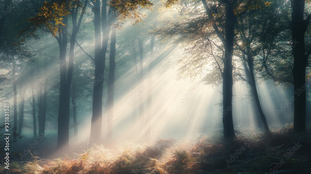Sunlight Beams Through Foggy Forest Sunlight Beams Through Foggy Forest