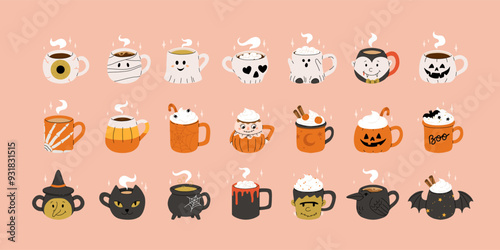 Vector collection of cute Halloween mugs. Hot cocoa with marshmallow, coffee and tea cups with cute faces, ghost, pumpkin, witch black cat and skull. Flat cartoon illustration on pink background