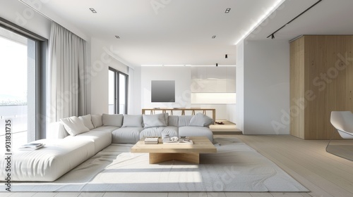 An airy living room showcases a sleek sectional sofa, wooden table, large windows, and neutral tones, creating a serene atmosphere