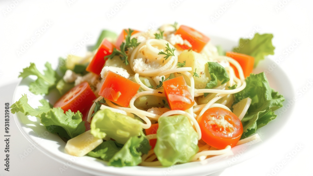 Close-up of a Salad with Tomatoes, Cheese, and Pasta Close-up of a Salad with Tomatoes, Cheese, and Pasta