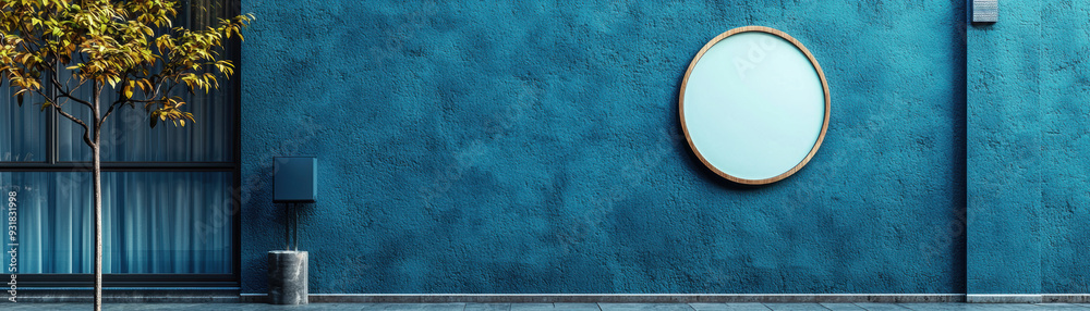 Modern urban wall with round mirror, vibrant blue texture, and a small tree in the corner, creating a minimalist and artistic street scene. Modern urban wall with round mirror, vibrant blue texture, and a small tree in the corner, creating a minimalist and artistic street scene.