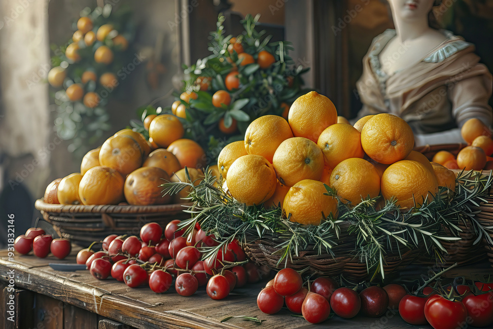 Rustic dining table adorned with fresh produce Rustic dining table adorned with fresh produce