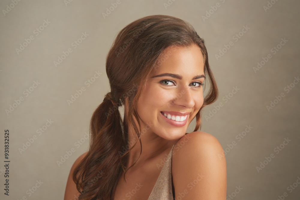 Woman, happy and smile for skincare, dermatology and healthy skin with portrait on studio background. Female person, face and joy as model for beauty, aesthetic and routine with facial treatment Woman, happy and smile for skincare, dermatology and healthy skin with portrait on studio background. Female person, face and joy as model for beauty, aesthetic and routine with facial treatment