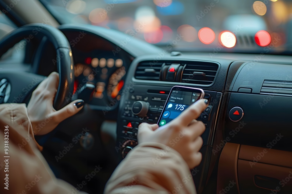 A Driver's Focus: Navigating with a Smartphone in a Modern Car Interior A Driver's Focus: Navigating with a Smartphone in a Modern Car Interior