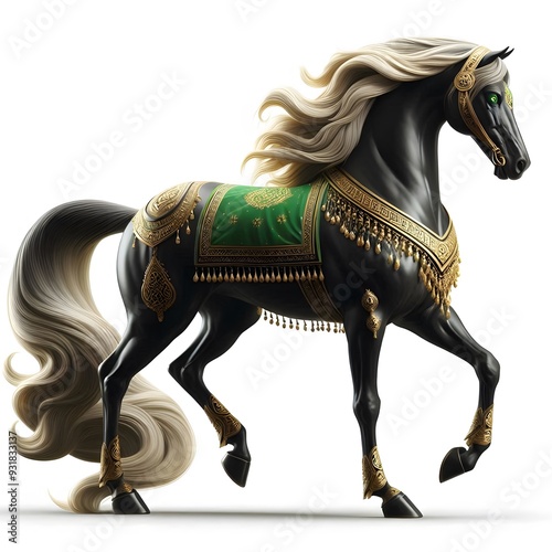 A beautiful spiritual Arabic Zuljanah-style horse with golden and green decoration, Arabic horse, Islamic horse, Muharram horse, Karbala style art, Ai generated 3d horse art. shia art, horse lover. photo