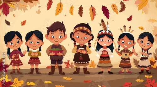 Kids dressed as pilgrims and Native Americans reenacting the first Thanksgiving feast cartoon Vector Illustration photo