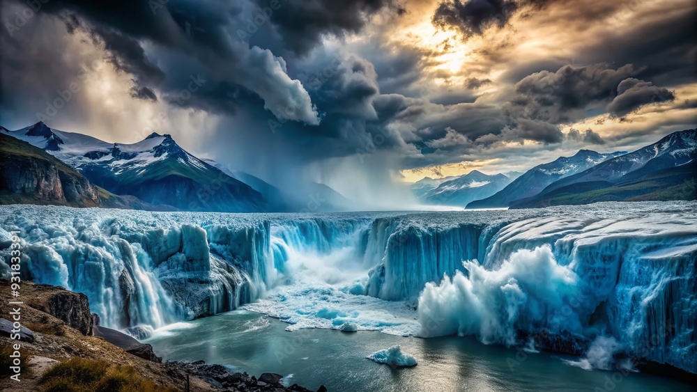 Fototapeta premium Glacial Embrace: Ominous grays, towering dams, threatening icicles, overwhelming force
